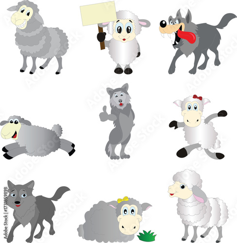 A funny collection of cute cartoon animals in vector illustration including farm and zoo mammals like a cow, sheep, pig, cat, dog, lion, giraffe, elephant, and zebra