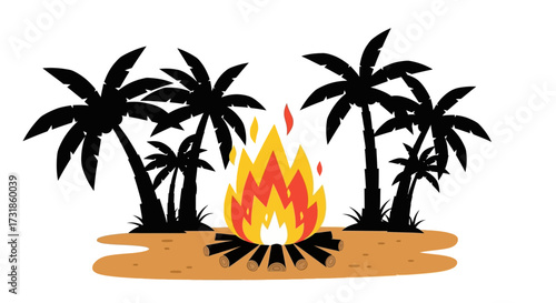 Bonfire on sandy ground surrounded by black palm trees