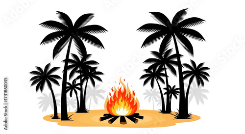 Bonfire on sandy ground surrounded by black palm trees