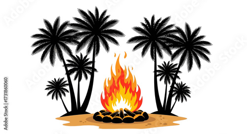 Bonfire on sandy ground surrounded by black palm trees