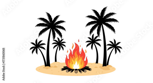 Bonfire on sandy ground surrounded by black palm trees