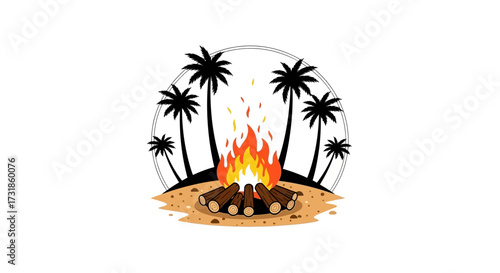 Bonfire on sandy ground surrounded by black palm trees