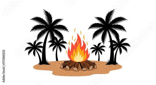 Bonfire on sandy ground surrounded by black palm trees