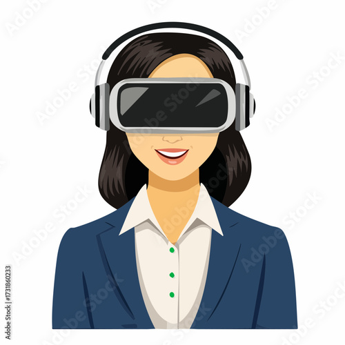 Virtual Reality headset technology concept vector illustration with a professional woman enjoying immersive digital entertainment and gaming experiences, a modern futuristic interface