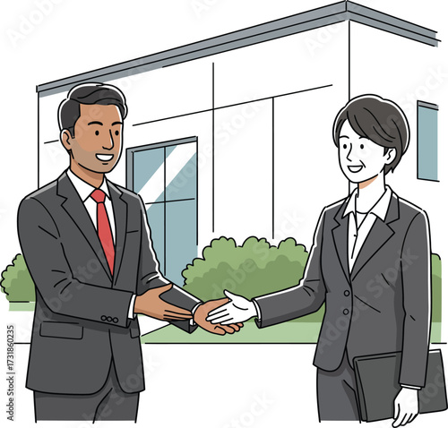 Dynamic business deal between partners sealing agreement with handshake outside modern office building creates trust and mutual benefit for all involved