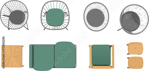 Overhead view of modern furniture sets with green and orange seating