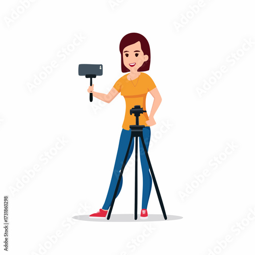 Cartoon woman recording video with phone on tripod - vector flag with modern technology