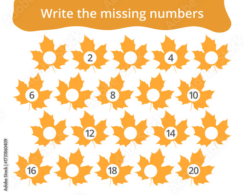 Missing number worksheet for kids with maple leaves, count and write numbers from 1 to 20, great for preschool math learning and early number practice.