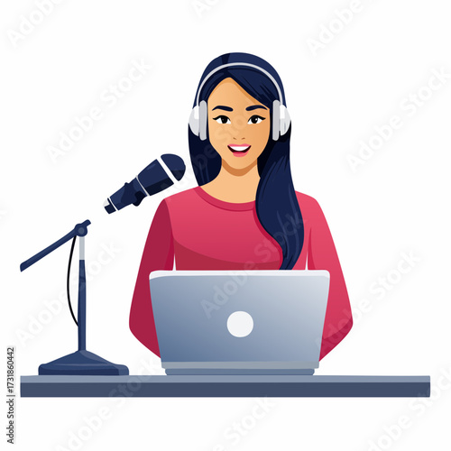 A female podcaster flying the flag for digital media, sitting at a desk with a laptop and microphone, a vector illustration