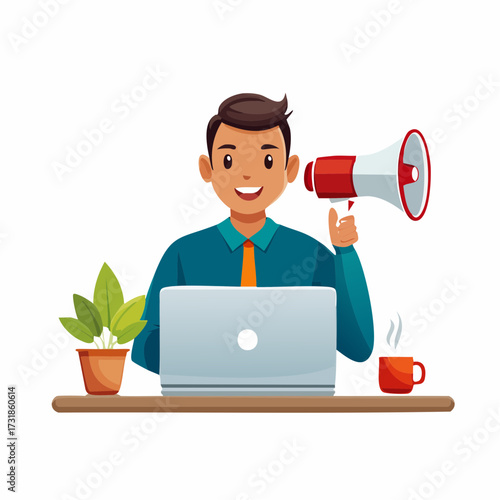 Dynamic business communication vector illustration featuring a cheerful man raising an announcement flag with a megaphone, highlighting effective marketing and public relations for corporate success