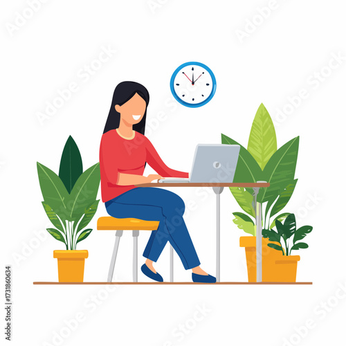A cheerful male vlogger waving at his camera, creating content for a social media channel with a circular flag banner in this vector illustration