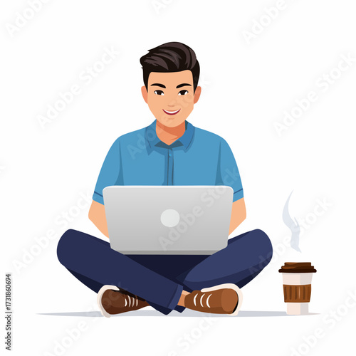 Young man sitting cross-legged with a laptop and a coffee cup illustration, depicting remote work or study, vector art