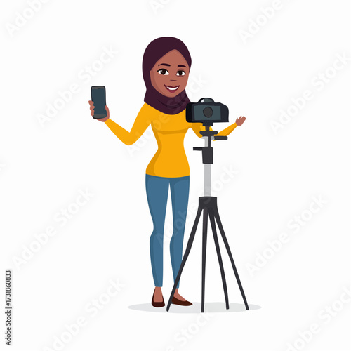 Vector illustration of a woman photographer holding a smartphone and camera, standing next to a tripod, with a flag concept
