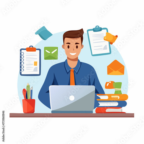 Vector illustration of a productive businessman at his desk using a laptop, where he can flag important emails and manage daily tasks efficiently