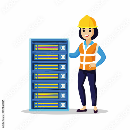 Female engineer in hard hat and safety vest standing next to server rack, vector illustration, business IT concept, flag icon