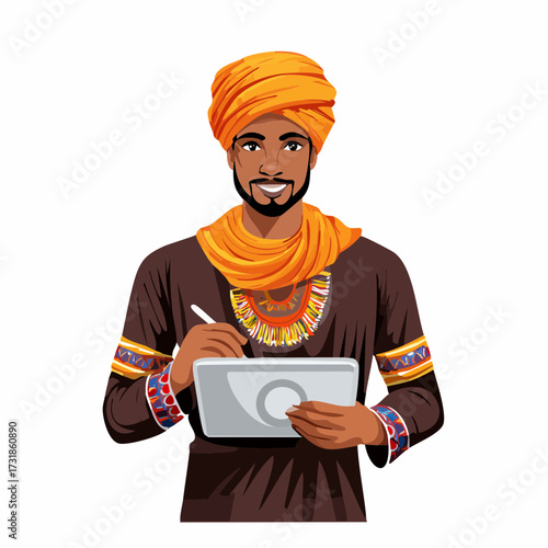 A flat vector illustration showing the creative process of UI UX design for a flagship mobile application, with a developer working on the interface