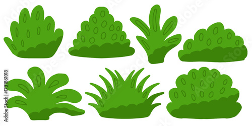 Set of doodle green shrubs and grass vector illustration elements abstract style