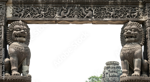 Schilderij op canvas Ancient stone guardian lions guard temple entrance with intricate carvings hinti