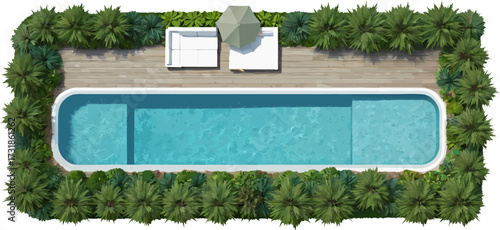 Overhead view of swimming pool surrounded by greenery