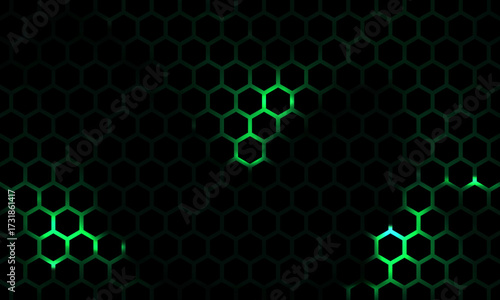 Black Hexagonal Pattern on Green Magma Background. Modern technology innovation concept. Modern background