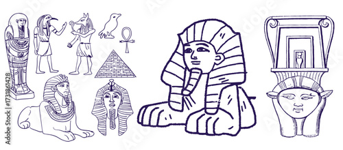 Twenty two hand drawn set of egyptian tribal drawing isolated on white background