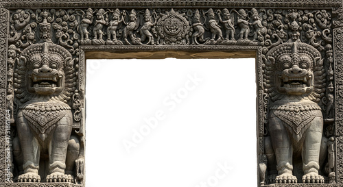 Valokuva Intricate ancient stone temple gateway guarded by mythical lion creatures and de