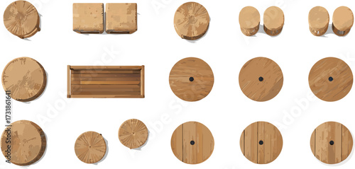 Overhead view of wooden furniture elements on a white background