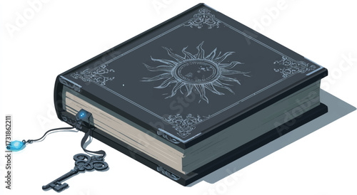 Isometric view of a magical book with sun design and a key attached to it concept illustration