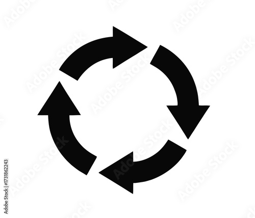 Minimalist graphic design circular arrows symbol for refreshing processes and cycles isolated on white background