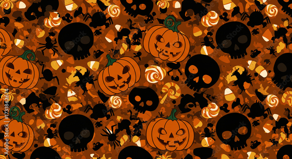 Seamless orange pattern with pumpkins, skulls, and spooky elements for Halloween design.
