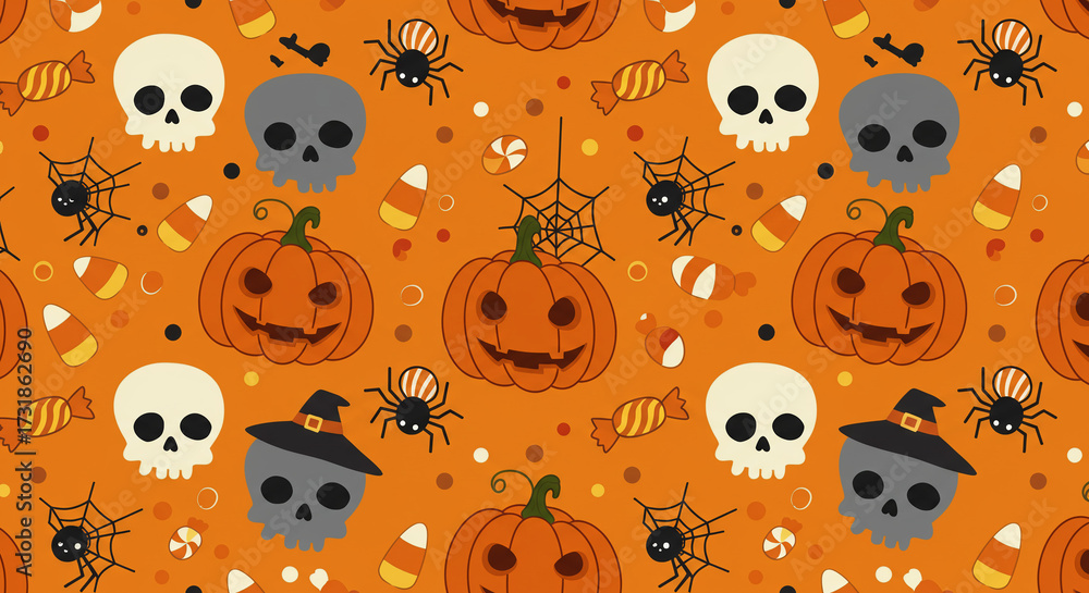 Halloween seamless pattern with pumpkins, skulls, and spiders on orange background. Halloween seamless pattern with pumpkins, skulls, and spiders on orange background.