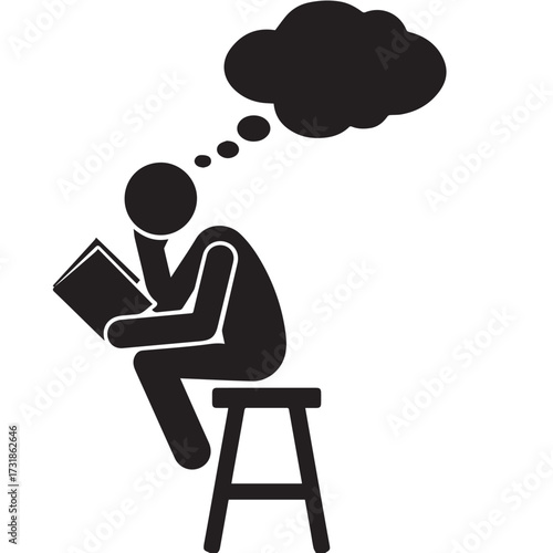 Black and white icon depicting a person sitting on a stool. The person is holding a book and has one hand on their chin, as if in deep thought. A thought bubble with smaller bubbles leading.