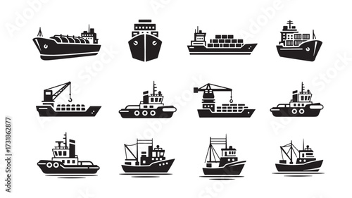 Set of cargo ship icons black and white vector illustration perfect for logistics and transportation design projects