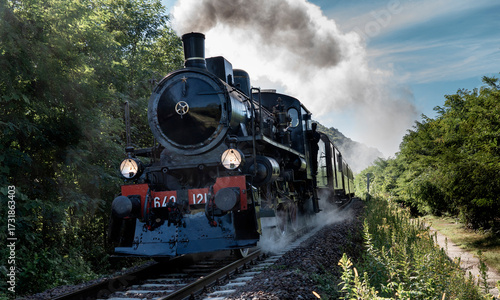Vintage steam train runs on the tracks in the countryside