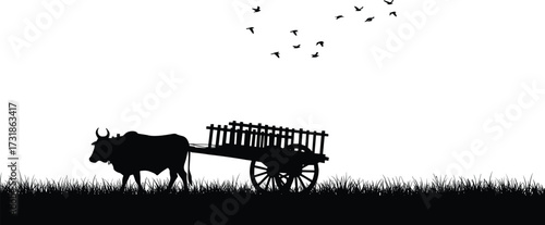 Ox-cart silhouette illustration, traditional rural transport scene, countryside lifestyle artwork, manual farming concept, nature and heritage icon