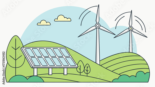 wind turbine and solar panels in a green landscape