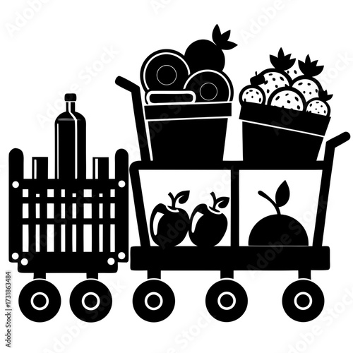 trolleys full of food products black silhouette vector on white background