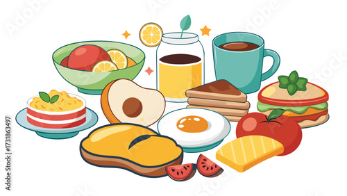 Healthy Morning Breakfast Set with Hand Drawn Coffee, Croissant, Fried Egg, Pancakes, Fruits and Drinks Isolated on White Background