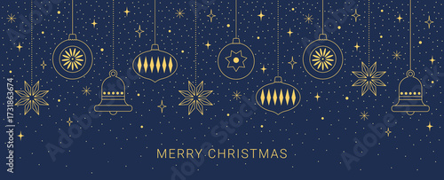 Merry Christmas and Happy New Year card or banner with holiday gold line icons. Luxury background with Christmas tree toys, baubles, stars, bell, ball in geometric minimal style. Xmas vector design.