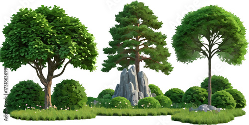 Rendered trees and greenery set on white background