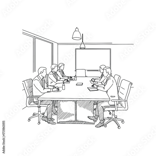 Business professionals collaborating around conference table, brainstorming ideas and strategies during a productive meeting, modern office setting