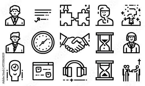 Linear Business Icons Set Representing Key Elements of Project Management and Development Cycle Stages