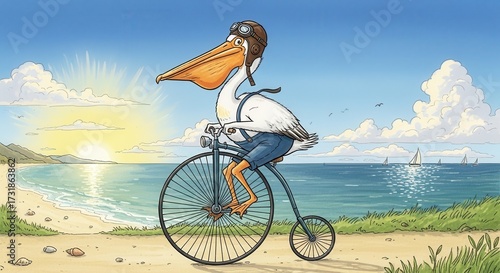 Cartoon pelican wearing pilot goggles riding a vintage bicycle at seaside