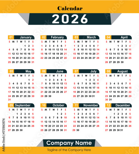 editable calendar 2026 vector illustration, calendar date plan 2026 template. 12 months yearly calendar in year 2026
