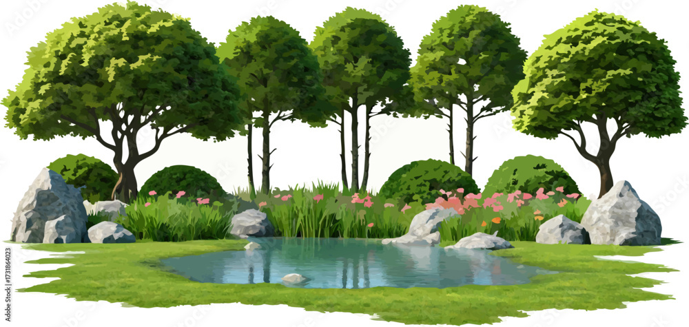 Naklejka premium Scenic garden with pond trees flowers and natural elements