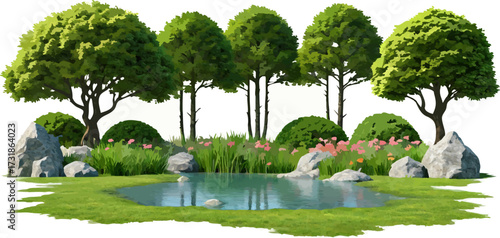 Scenic garden with pond trees flowers and natural elements