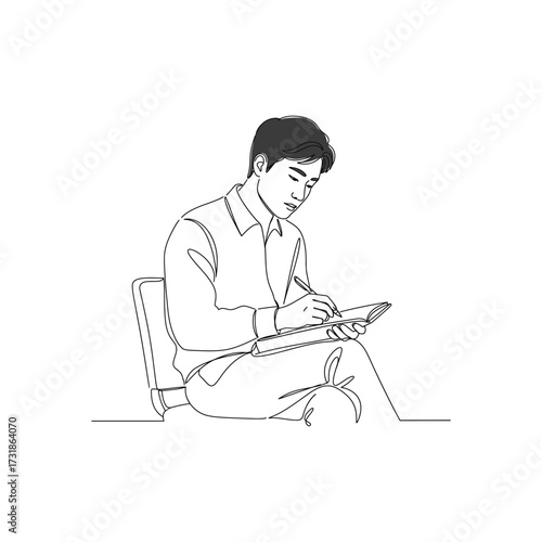 Thoughtful professional taking notes, planning, or journaling while seated; perfect for articles, presentations, and business concepts