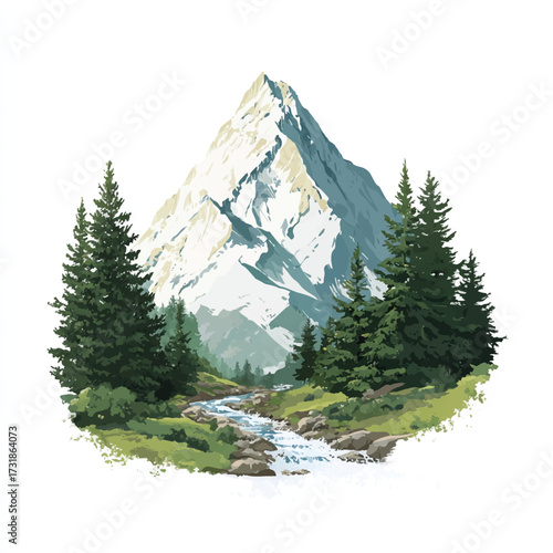 Majestic mountain peak overlooking a pristine river winding through lush evergreen forests and meadows creating a serene landscape