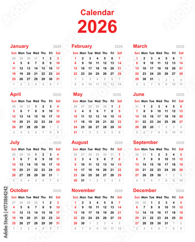 Monthly calendar planner 2026 year. Diary planner for 2026. 12 months yearly calendar in year 2026 Template.