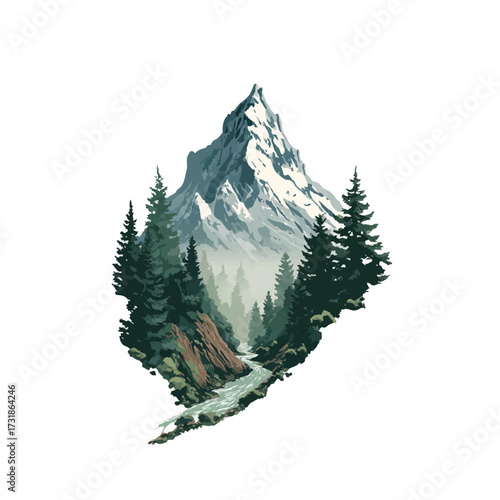 Majestic mountain peak surrounded by evergreen forests and a flowing river scenic landscape vector illustration